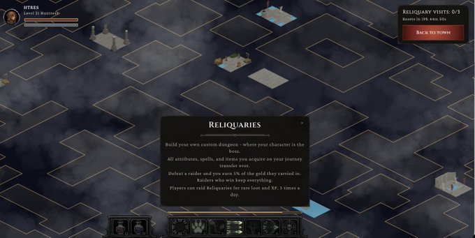 A screenshot from a dungeon-crawler video game showing an isometric map view with a 'Reliquaries' info panel describing a custom character-based dungeon and 'Back to Town' button in the top right.