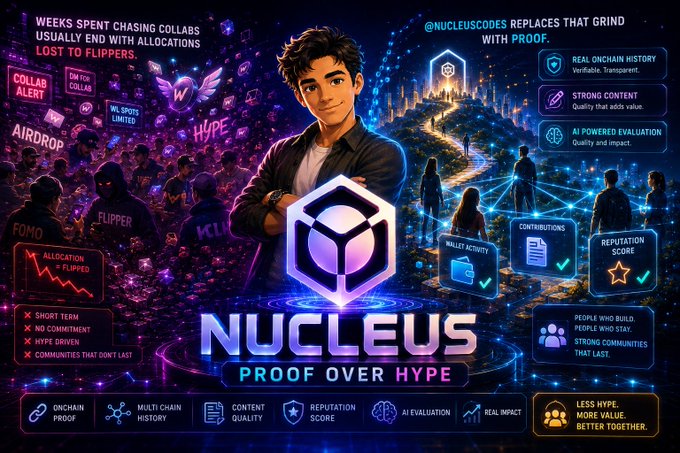A promotional graphic for 'NUCLEUS' displays a young man at the center with the tagline 'PROOF OVER HYPE,' surrounded by text about blockchain features like 'REAL ONCHAIN HISTORY' and '@NUCLEUSCOINS REPLACES THAT GRIND WITH PROOF'.