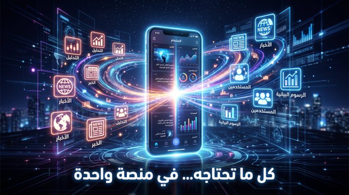 A digital advertisement features a glowing smartphone surrounded by various app icons (news, weather, markets, users) with Arabic text and the caption 'كل ما تحتاجه... في منصة واحدة' (Everything you need... in one platform).