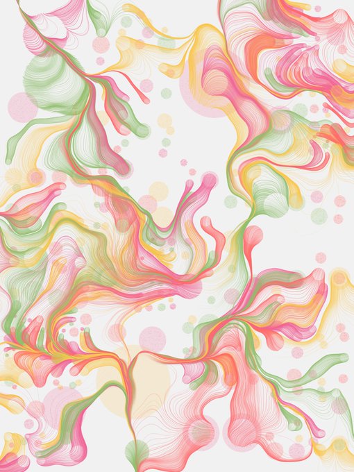An abstract digital artwork featuring flowing, swirling patterns in pastel pink, green, yellow, and orange hues with scattered circular dots on a white background.