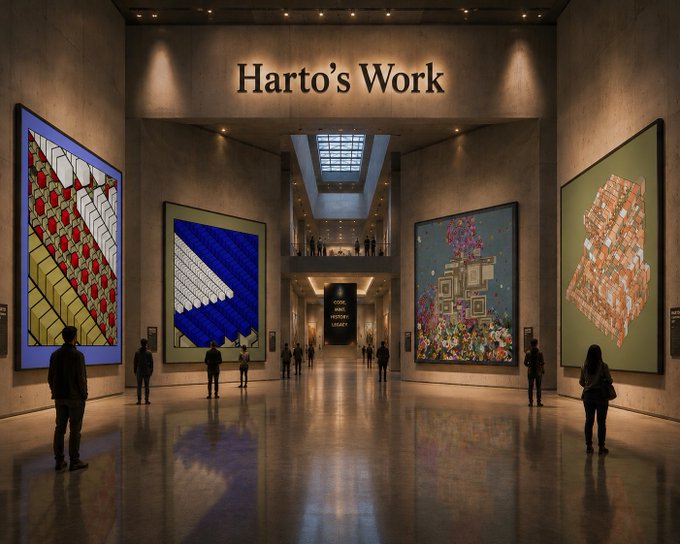 The image shows an art gallery with several people walking around and looking at various paintings displayed throughout the space. The paintings are hung on the walls, creating a visually appealing environment for visitors to appreciate the artwork. The scene captures the essence of an art exhibition or event where people can enjoy and explore different artistic styles and techniques.