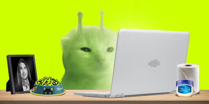 A green fuzzy cat-like alien with antennae sits behind a laptop on a wooden desk, flanked by a framed black-and-white photo, a leopard-print pet bowl labeled "Meow," and a jar of Vaseline, all against a neon green background.