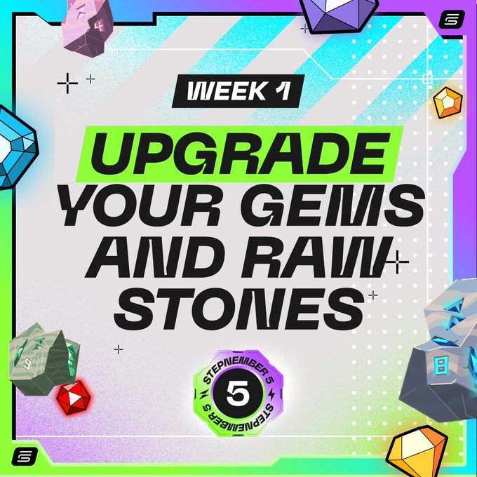A promotional graphic for "#STEPNEMBER5" announcing "Week 1: Upgrade Your Gems and Rain+ Stones," featuring the STEPN 5-year anniversary badge and colorful gem illustrations around bold text. The image complements the announcement about completing 5 gem upgrades daily for 5 consecutive days to earn a Legendary Sneaker reward.