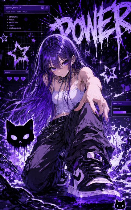 A purple-themed anime-style digital artwork featuring an anime girl with long purple hair reaching forward, set against a starry background with 'POWER' text and graphic design elements including a black cat logo.
