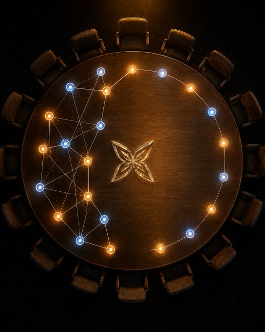An overhead view of a round wooden table surrounded by chairs, featuring a glowing geometric network pattern of blue and orange lights and a central star-like symbol.