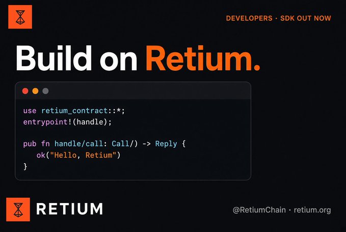 Promotional graphic for Retium blockchain development featuring the tagline 'Build on Retium' and code snippet showing a 'Hello, Retium' smart contract entrypoint, with developer SDK announcement.
