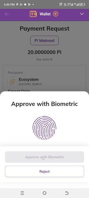 A Pi Wallet payment request screen for 20.0000000 Pi to the Ecosystem recipient (GAZMN_BJ46V) on Pi Mainnet, displaying a biometric authentication prompt to approve the transaction. The biometric approval feature is shown as the main action, confirming the mainnet Pi biometric functionality referenced in the post.
