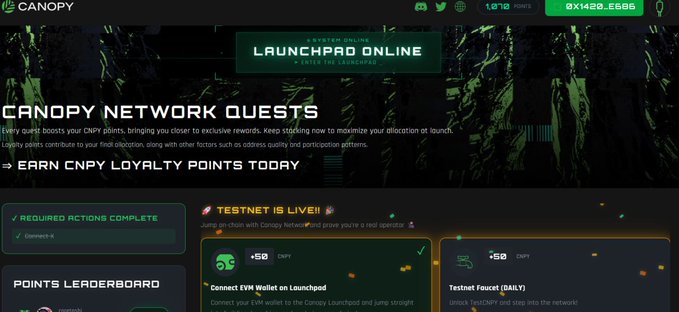 The image shows the Canopy Network Quest dashboard with "LAUNCHPAD ONLINE" banner and CNPY points displayed as 1,010, showing completed actions like "Connect EVM Wallet on Launchpad" (+50 CNPY) and a daily "Testnet Faucet" task (+50 CNPY). This relates to the post by celebrating the achievement of reaching 1,000 points on @CNPYNetwork, highlighting their progress across 5 chains launched, 25+ transactions, and 4 badges earned.