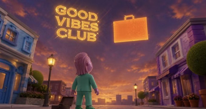 An animated scene from 'Good Vibes Club' showing a pink-haired character in green pajamas looking at glowing neon signage and a suitcase at sunset.