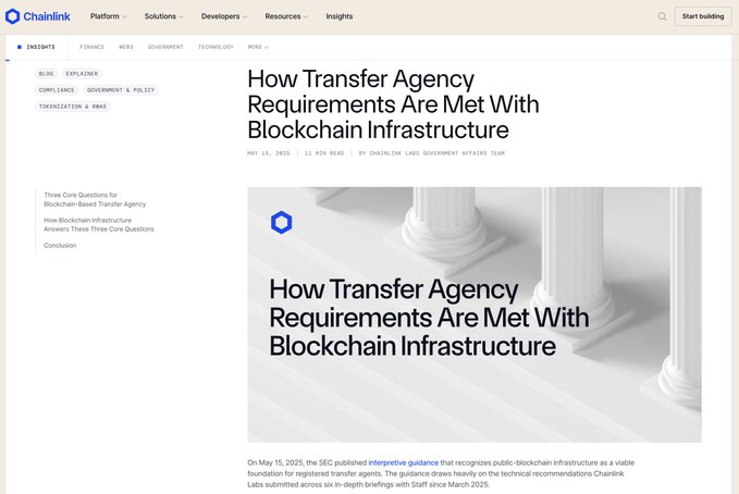A Chainlink blog post titled 'How Transfer Agency Requirements Are Met With Blockchain Infrastructure' dated May 15, 2025 on chain.link.