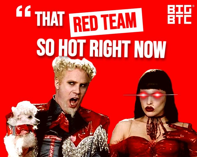 A meme graphic features a man in a red Western outfit yelling next to a woman in red with glowing laser eyes, overlaid with the text 'THAT RED TEAM SO HOT RIGHT NOW' and 'BIG BITE' logo.
