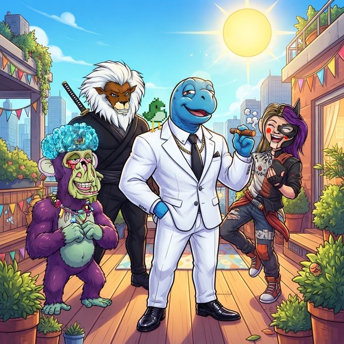 A colorful cartoon illustration featuring a blue dinosaur-like character in a white suit and gold chain smoking a cigar, flanked by a purple ape-like creature, a white-haired lion warrior with a sword, and a purple-haired character resembling Harley Quinn, all standing on a sunny rooftop patio.
