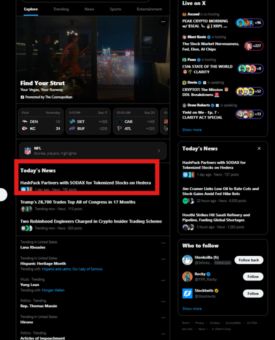 A screenshot of X (Twitter) showing the Explore and Live sections, with a red box highlighting a news item: 'HashPack Partners with SODAX for Tokenized Stocks on Hedera'.