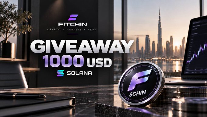 A promotional graphic for a Fitehin '$1000 USD Solana' giveaway, featuring a cityscape with the Burj Khalifa, a laptop displaying charts, and a Fitehin token.