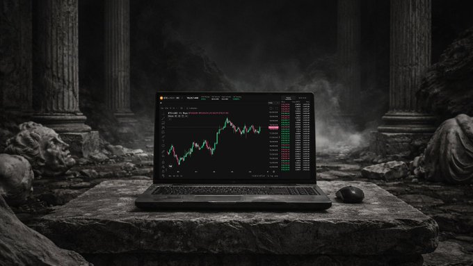 A dark, dramatic scene showing a laptop displaying a financial trading chart with green and red candlesticks on a stone slab, surrounded by ancient Greek-style columns and statues, with a black computer mouse beside it.