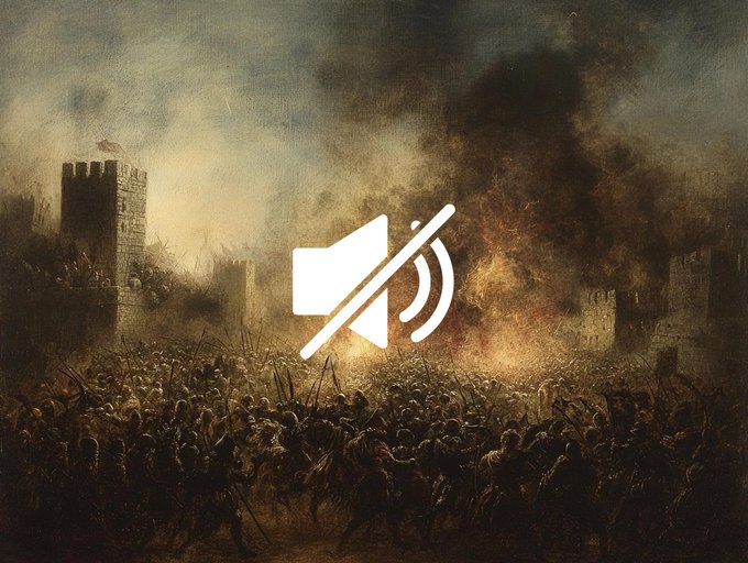 A classical painting depicting a chaotic battle scene with a castle and smoke, overlaid with a large white 'muted' speaker icon in the center.