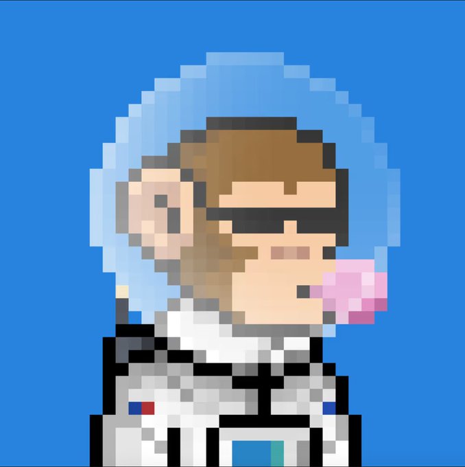 A pixel art illustration of an astronaut with a blue helmet drinking from a pink bubble gum bubble blower against a blue background.