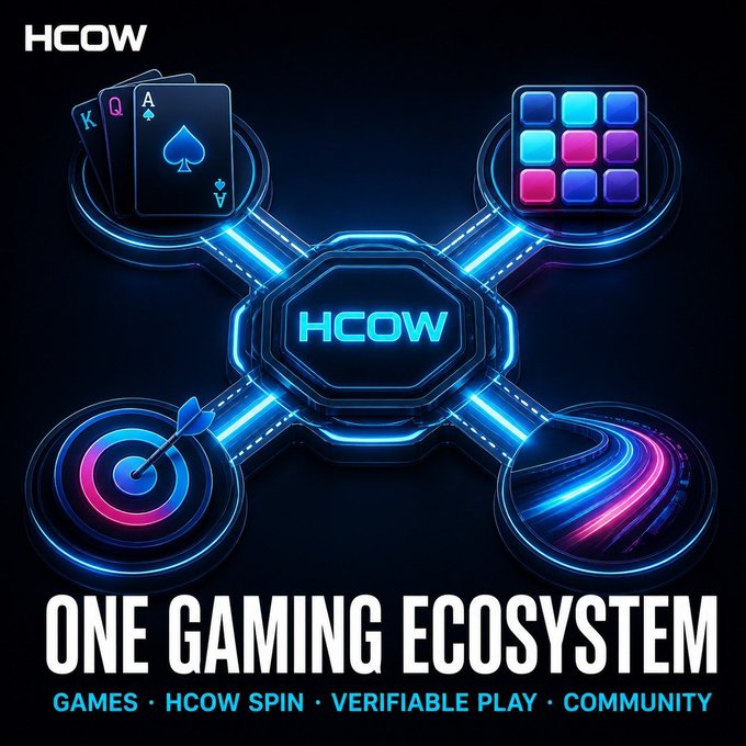 A promotional graphic for 'HCOW' branding itself as 'ONE GAMING ECOSYSTEM' with neon icons representing cards, puzzles, darts, and racing.