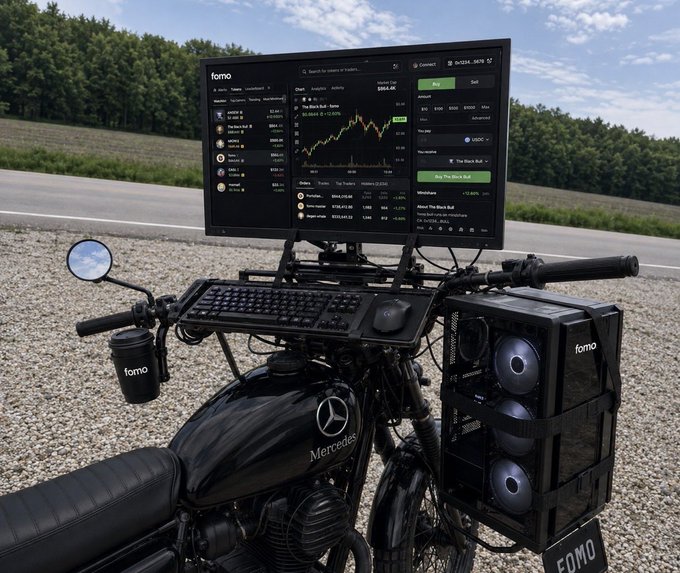 Photograph of a black Mercedes motorcycle parked on a road, equipped with a monitor displaying a trading platform, a keyboard, and an attached computer case, set up as a mobile crypto trading station.