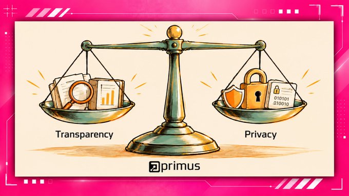 Illustration by primus of a balance scale weighing 'Transparency' (documents and magnifying glass) against 'Privacy' (lock and shield) on a pink background.