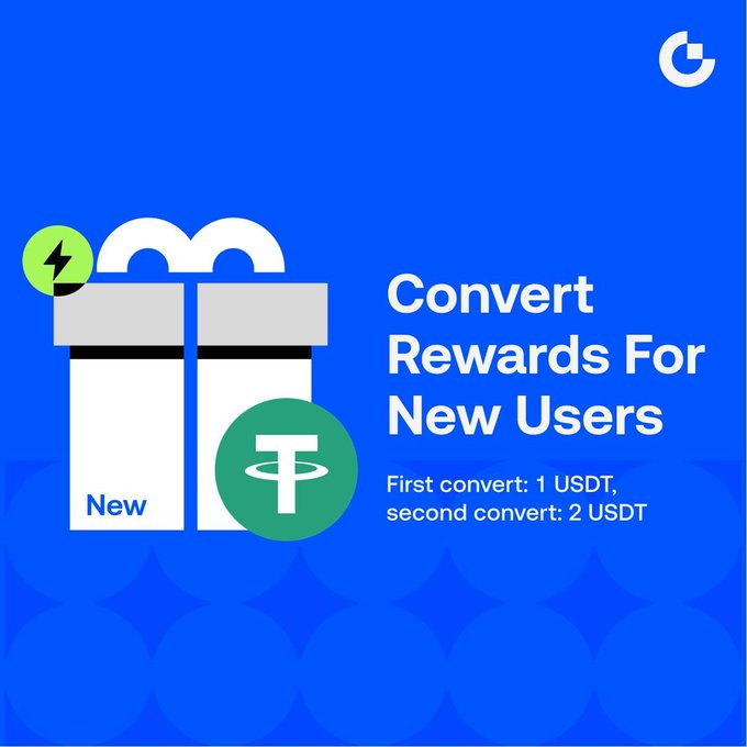 A promotional graphic on a blue background features gift boxes and a green USDT coin icon, advertising "Convert Rewards For New Users" with a first convert reward of 1 USDT and second convert reward of 2 USDT.