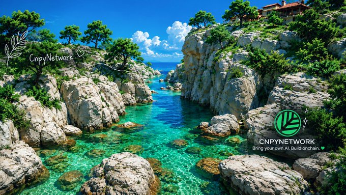 A serene coastal cove with crystal-clear turquoise waters, rocky cliffs, and lush greenery features the "CnpyNetwork" branding with the tagline "Bring your own AI. Build onchain," visually echoing the post's message of community-driven blockchain innovation and decentralized ownership.