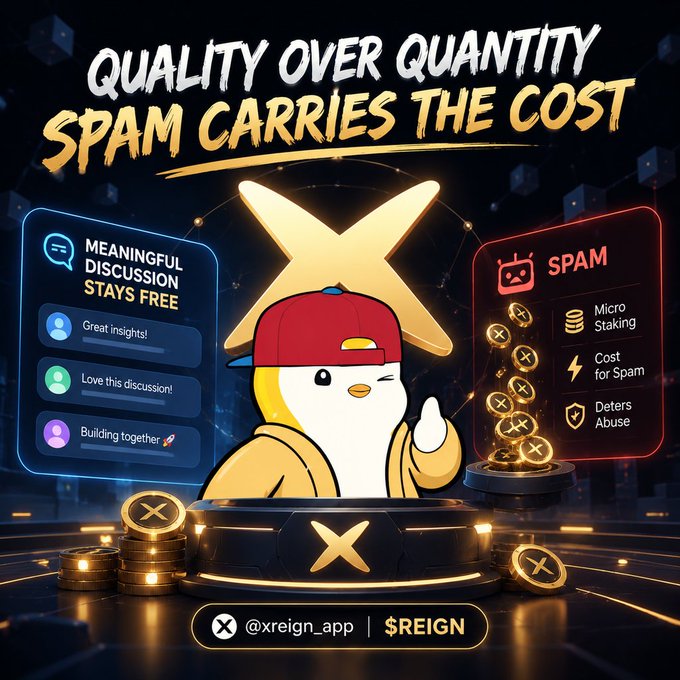 Promotional graphic with text 'QUALITY OVER QUATITY SPAM CARRIES THE COST' featuring a penguin mascot in a red cap, flanked by panels showing 'MEANINGFUL DISCUSSION STAYS FREE' and 'SPAM' with features like 'Micro Staking' and 'Deters Abuse', branded as '@xreign_app | $REIGN'.