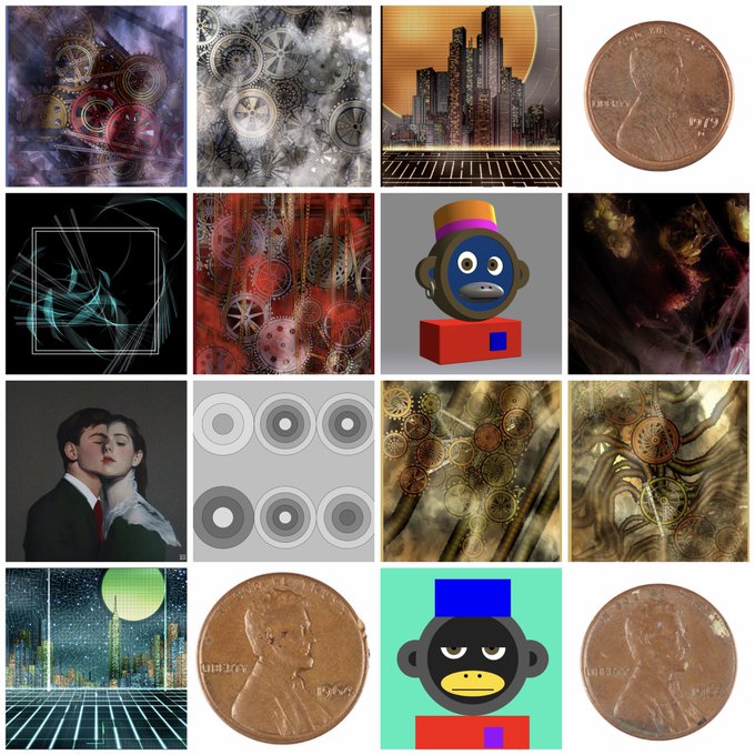 A 4x4 grid collage of various images including abstract gears, retro cityscapes, pennies, portrait photos, geometric patterns, and cartoon monkey characters.