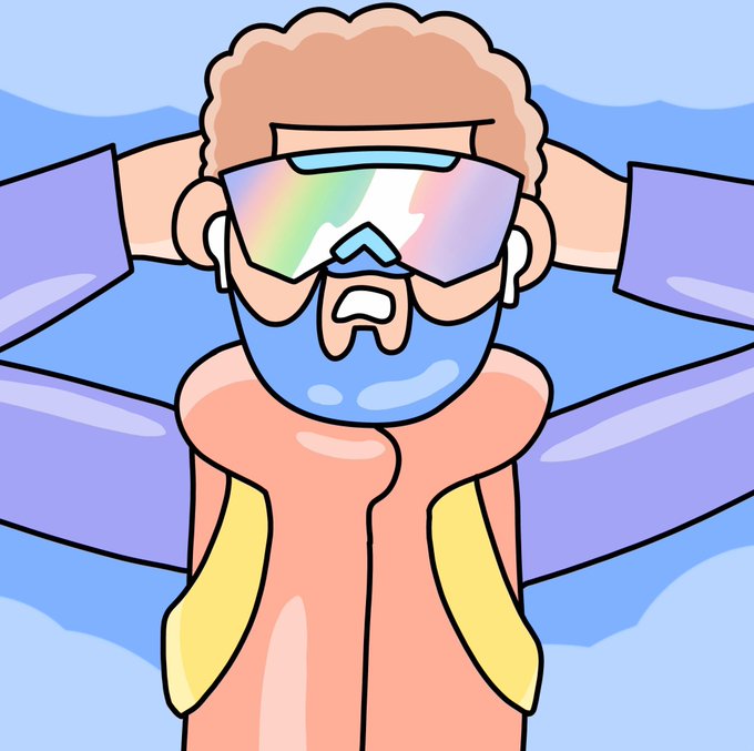 A cartoon illustration shows a shirtless man with curly hair wearing reflective rainbow sunglasses and an orange life vest, standing in front of a stylized ocean background. The image humorously complements the post's joke about desperately waiting for the $YARD token, with the "waiting" theme visually emphasized by the man's relaxed, hands-behind-head pose as he enjoys the beach view while missing his Tinder date.