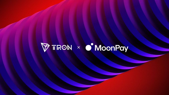 A digital promotional banner with a vibrant purple and red wave-patterned background displays the logos for "TRON" and "MoonPay" separated by a multiplication sign, indicating their new strategic partnership. The image visually reinforces the announcement of MoonPay's collaboration with TRON, though the graphic itself contains no text or data related to gas fees or blockchain transactions.