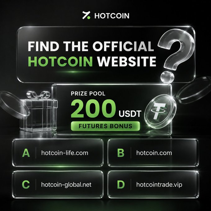 A dark promotional advertisement for HOTCOIN asking users to "FIND THE OFFICIAL HOTCOIN WEBSITE" with a 200 USDT futures bonus prize, listing options A (hotcoin-life.com), B (hotcoin.com), C (hotcoin-global.net), and D (hotcointrade.vip).