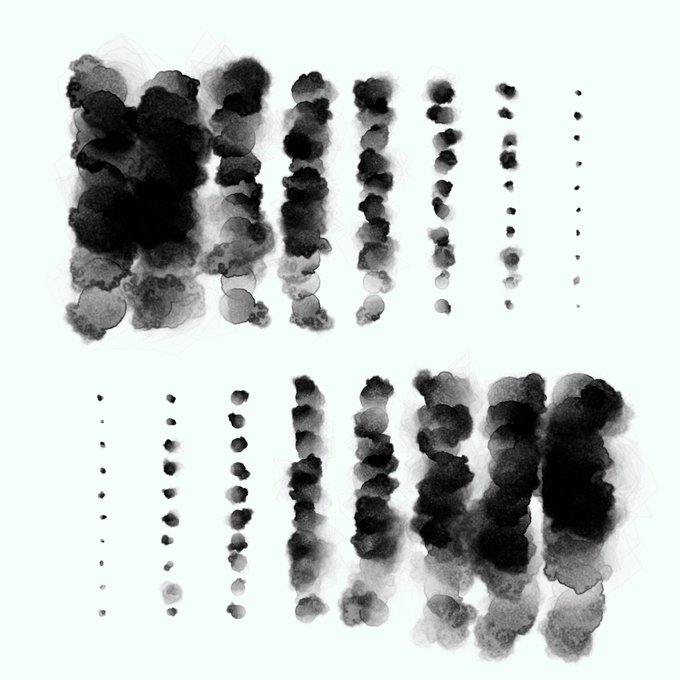 An abstract composition featuring two rows of black ink or watercolor smudges arranged in vertical columns, transitioning from large, dense blobs on the left to smaller, more spaced dots on the right.