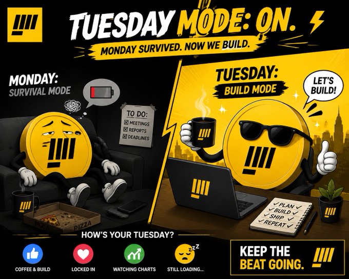 A graphic contrasting 'Monday: Survival Mode' (sad exhausted coin character with pizza and low battery) versus 'Tuesday: Build Mode' (energized sunglasses-wearing coin with coffee and laptop), captioned 'TUESDAY MODE: ON.'