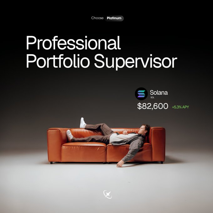 An advertisement reading 'Professional Portfolio Supervisor' showing a man lounging on a couch next to a Solana (SOL) wallet displaying $82,600 with +5.3% APY.