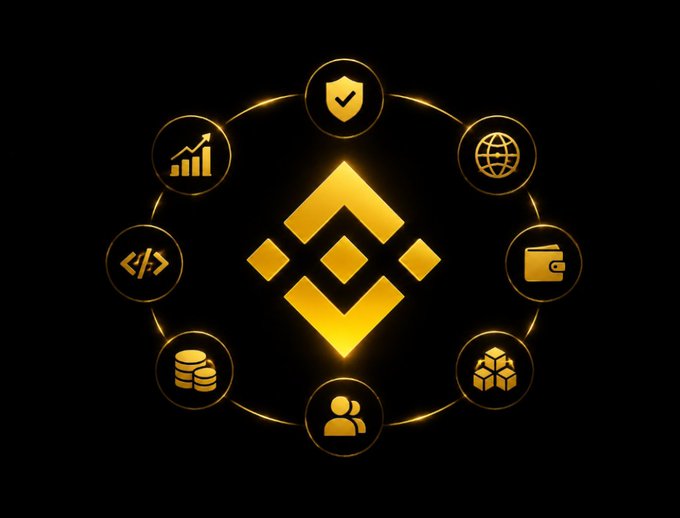 The image displays the gold Binance logo at the center, surrounded by a circular arrangement of eight icons representing various features of the Binance ecosystem, including security (shield), global reach (globe), finance (wallet), assets (coins), users (person), infrastructure (cubes), growth (chart), and development (code symbols). This visual reinforces the post's message that Binance is more than just a trading platform, highlighting the diverse services and tools that make up its broader ecosystem.