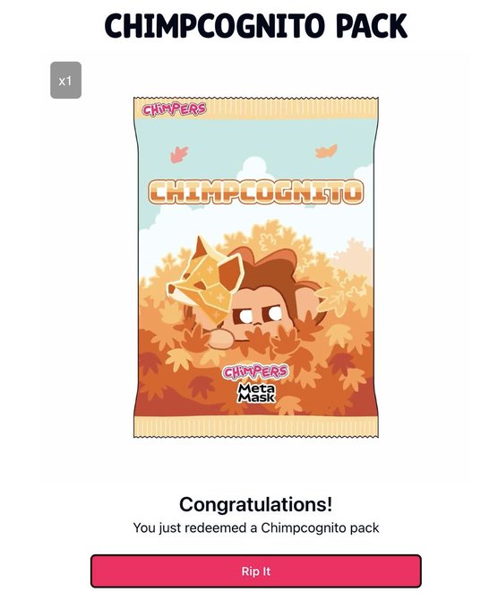 The image shows an advertisement for a product called "Chimpcognto Pack" from a company named "chimpcogs". The packaging features a cartoon monkey holding a bag of chips, which appears to be a fun and playful design. The text on the packaging indicates that this pack is free and can be claimed by anyone who has received it as a reward for participating in a contest or meeting certain requirements.