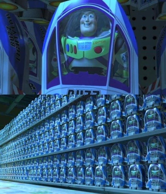 A Buzz Lightyear toy package with an oversized advertising display showing shelves stocked with hundreds of identical Buzz Lightyear toys, parodying a massive retail surplus.