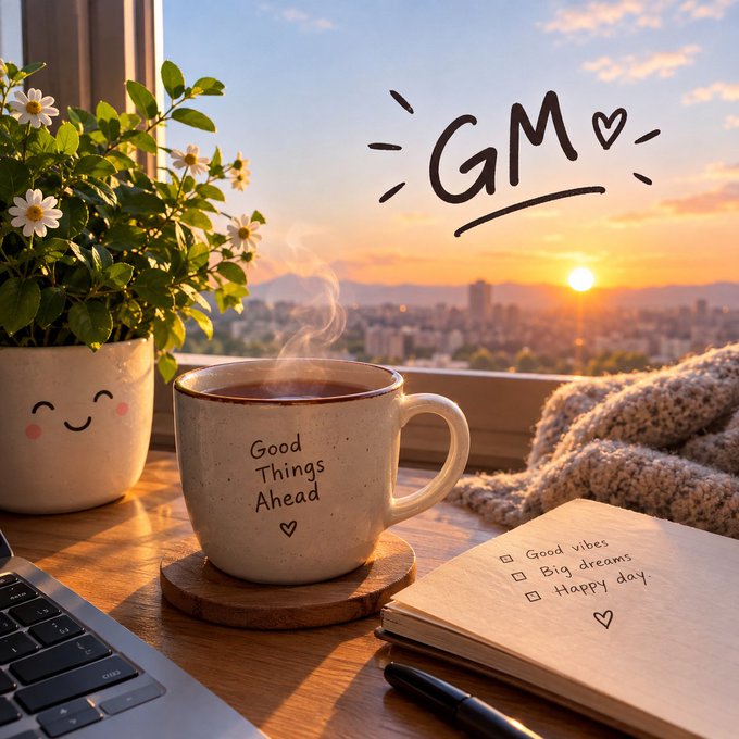 A cozy morning scene featuring a steaming coffee mug labeled 'Good Things Ahead', a notebook with 'Good vibes, Big dreams, Happy day', and 'GM' doodled in the sky overlooking a sunrise cityscape.
