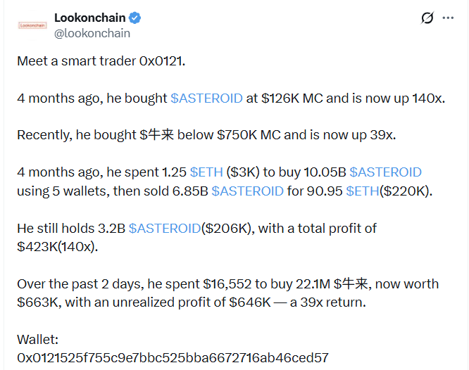 Lookonchain tweet highlighting smart trader 0x0121's $ASTEROID trade, with 140x profit on a $126K MC entry and 39x on $牛来, noting $423K total profit.