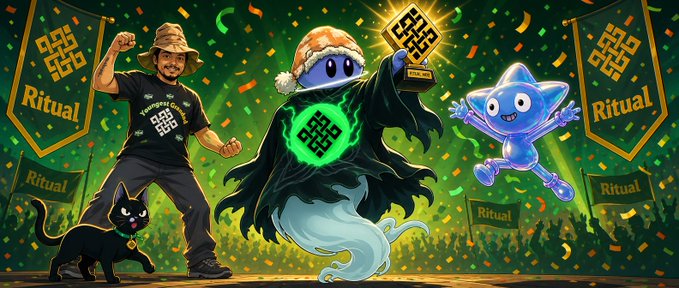 Promotional artwork with green banners reading 'Ritual,' featuring a man in a bucket hat, a black cat, a ghostly figure holding a maze-patterned cube, and a blue star character.