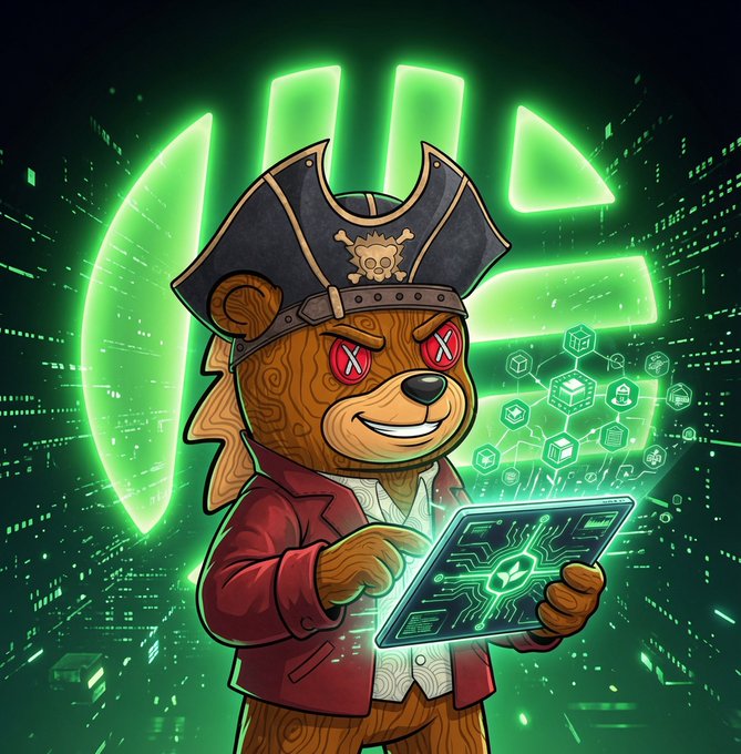 A digital illustration of a wooden bear character wearing a pirate hat and red jacket, holding a tablet with a glowing green circuit design, set against a vibrant neon green matrix-style background.
