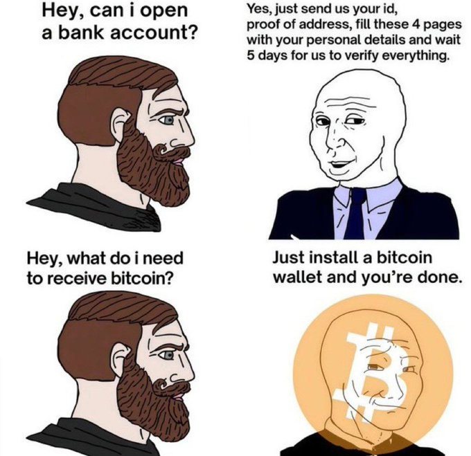 A four-panel Wojak-style meme contrasting the difficulty of opening a bank account (requiring ID and a 5-day wait) with the ease of setting up a Bitcoin wallet.