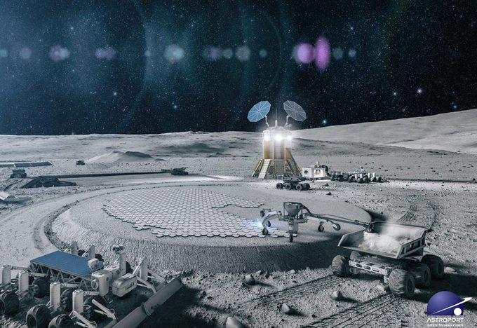 A NASA concept artwork by Astroport showing a future lunar mining operation with rovers, a lander, and a hexagonal patterned excavation site on the Moon's surface under a starry sky.