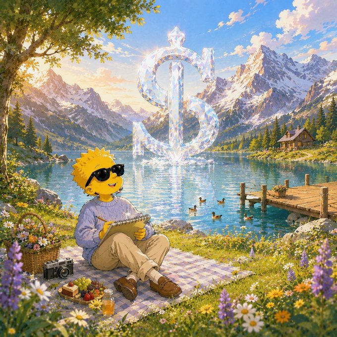 A young blonde character wearing sunglasses sits on a picnic blanket by a picturesque mountain lake, sketching in a notebook beside a basket of flowers and fruit, with a large shimmering "$" symbol hovering over the water—a fitting visual metaphor for the post about @EthraShip transitioning from a read-only maritime intelligence map to an open, contribution-driven network where users can participate in shaping and validating the system rather than just consuming it.