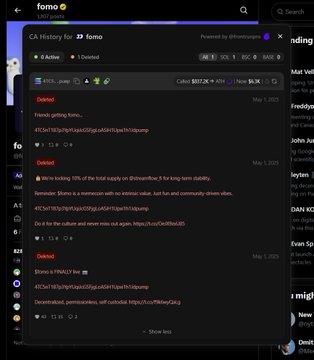 The image shows a screenshot of a web page with a headline that reads "I just checked CA history for @fomo and found out that they did indeed deploy, promote, then abandon (rug) a token last year. You can check yourselves on @frontrunpro". The screenshot also displays the text "Discredited", which indicates that someone has expressed their disapproval of the actions taken by the company or organization.
