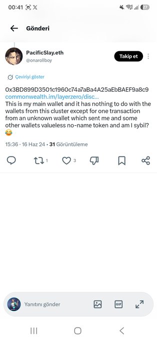 A screenshot of a Turkish-language tweet from @PacificSlay.eth (@onarollboy) explaining that the LayerZero airdrop wallet cluster was exploited by sybil attackers who drained wallets and sent worthless tokens.
