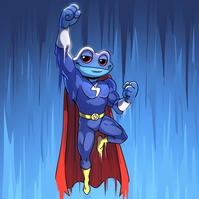 An illustration of a muscular anthropomorphic frog superhero in a blue costume with a red cape, yellow boots, and a lightning bolt emblem on its chest, posing triumphantly against a blue streaked background.