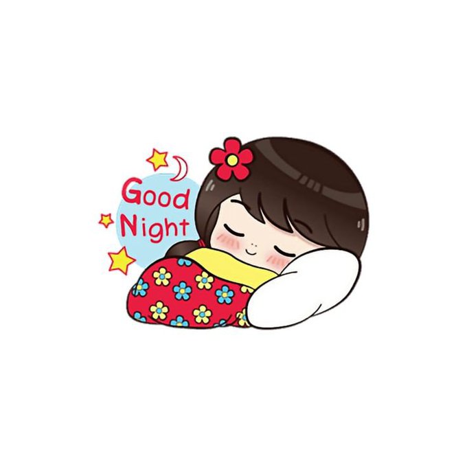 A cartoon illustration of a sleeping girl with a red flower in her hair, nestled under a floral blanket with a 'Good Night' speech bubble and yellow stars.