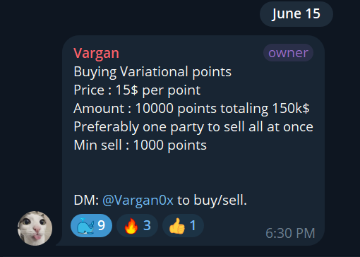 A Discord message from user "Vargan" dated June 15 at 6:30 PM advertises the sale of 10,000 Variational points at $15 per point (totaling 150k$), with a minimum sell of 1,000 points and contact via DM @Vargan0x. The post supports the caption's claim about OTC bids, showcasing a real trade offer at the $15 price point referenced in the discussion.