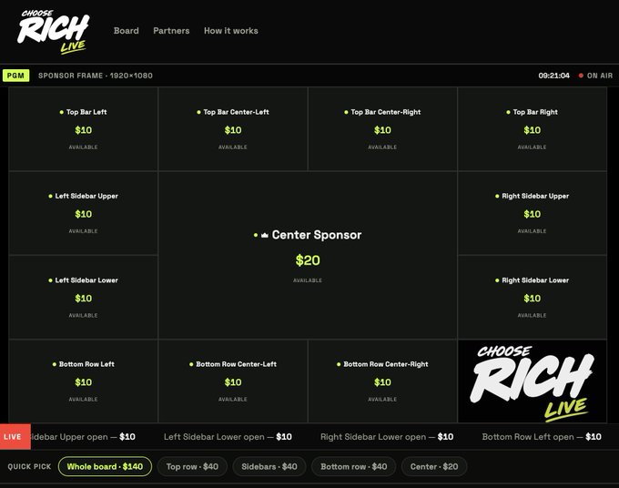 A screenshot of the "Choose Rich Live" stream board displays a sponsor frame with various spots available for purchase, including Top Bar, Sidebars, Bottom Row, and a Center Sponsor position, priced at $10 and $20 respectively, with "Whole board" quick pick option for $140. The image relates to the announcement by showcasing the interactive sponsorship board where viewers can purchase spots using the $RICH token at discounted rates.